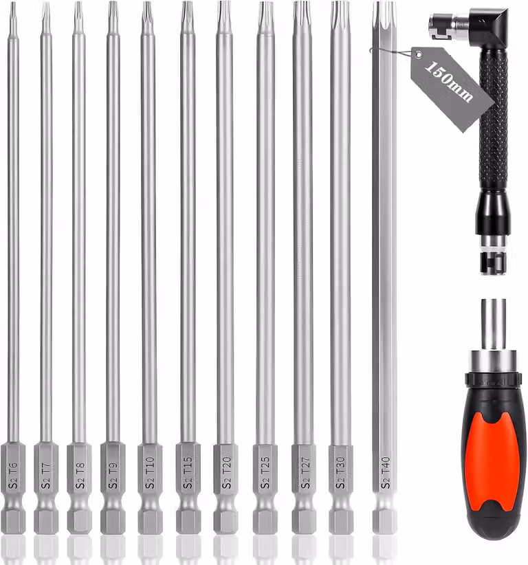 Set di punte Torx, composto da 11 pezzi, lunghezza 150 mm, con cricchetto e attacco esagonale da 1/4 di pollice, per lavori di avvitatura