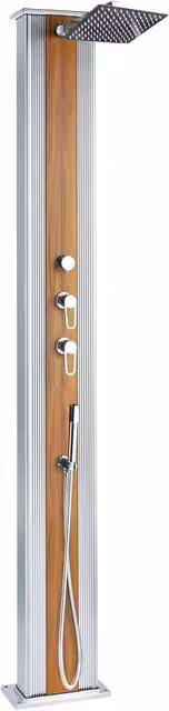 Doccia Solare Ibrida da Giardino GIORDANOSHOP con Miscelatore, Doccetta Lavapiedi e Serbatoio da 40L in Alluminio Argentato e Legno Marrone