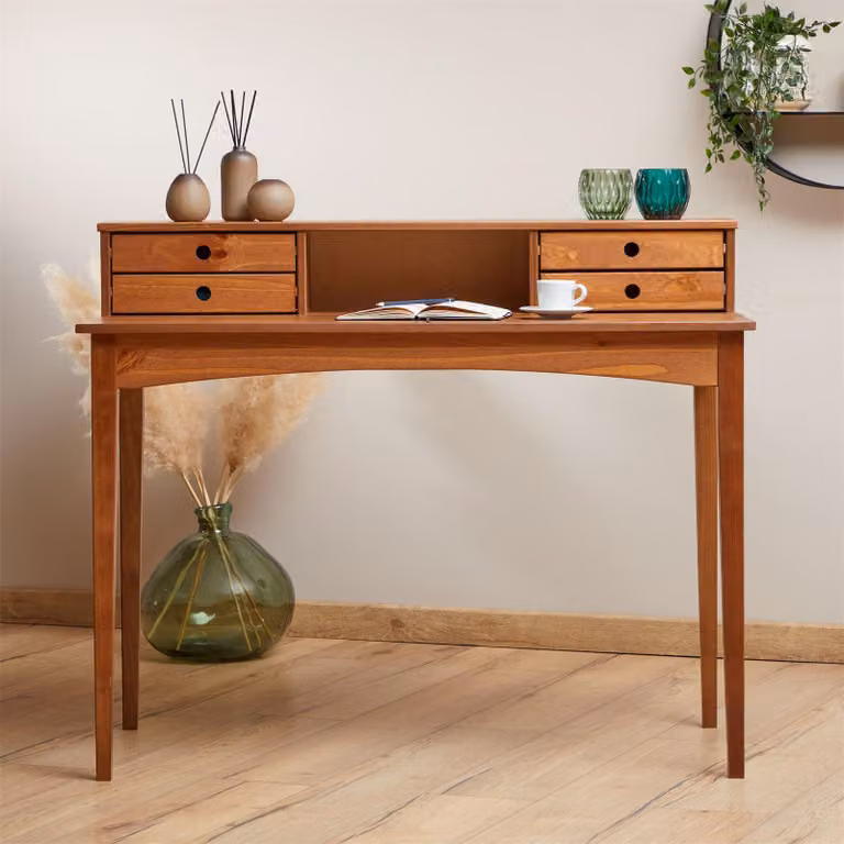 Scrivania MILANO con 4 cassetti e 1 ripiano, legno massiccio color castagno, lavorazione robusta Scrivania per PC con spazio di archiviazione per ufficio e ufficio domestico