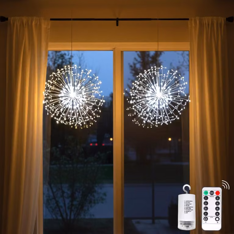 2x Dandelion Fairy Lights Batteria 198 LED Luci di Natale 8 Modi Finestra Decorazione di Natale fai da te Fuochi d'artificio Luci Indoor Party Wedding Decorazione