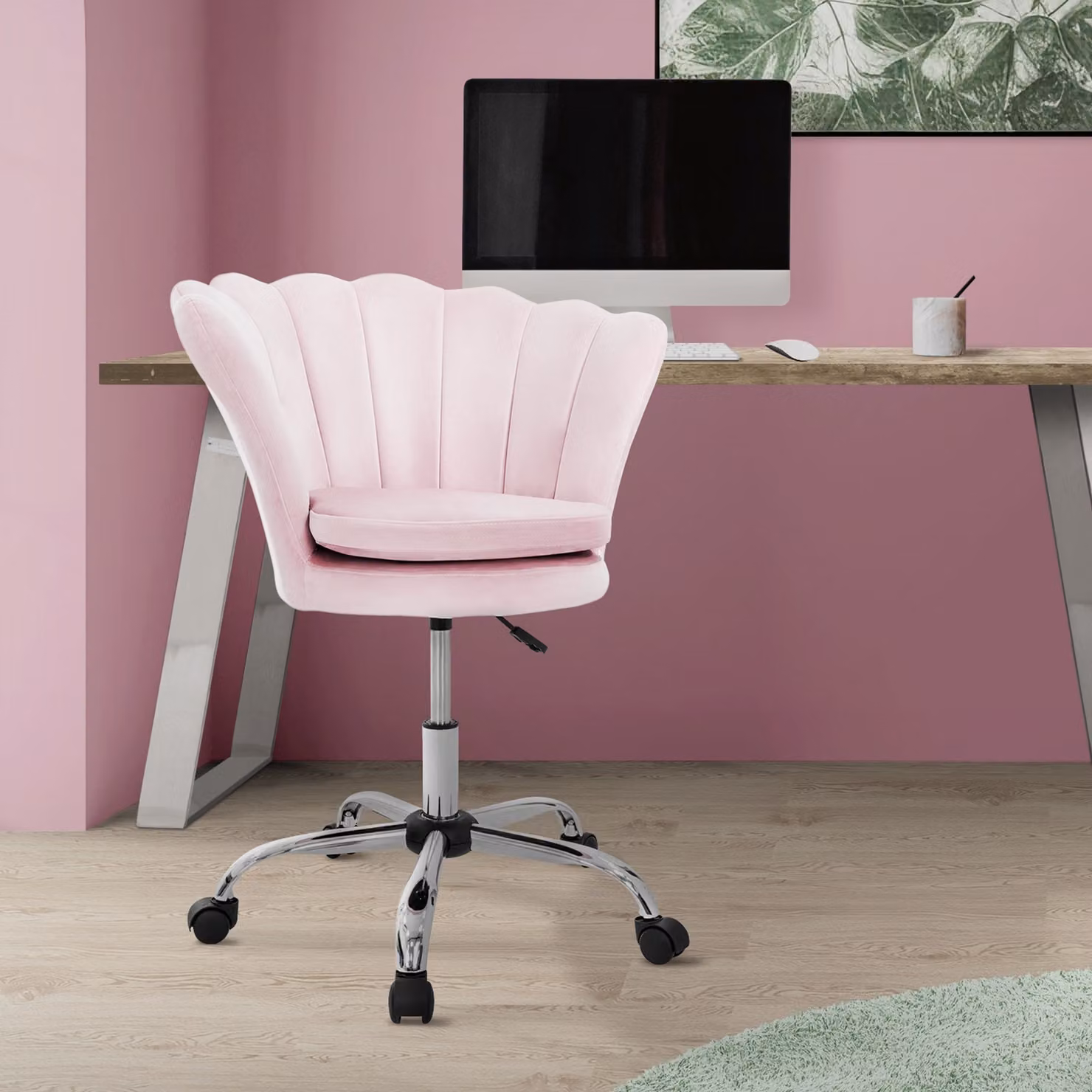 ML-Design sedia da ufficio in velluto rosa chiaro sedia da trucco con schienale a conchiglia, sedia girevole con rotelle, sedia da scrivania regolabile in altezza sgabello girevole