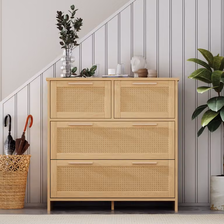 Cassettiera Fortuna Lai, credenza con 4 cassetti e maniglie in legno massiccio rattan - Adatta per camera da letto, soggiorno, sala da pranzo, corridoio, rovere, L80/H80/D38 cm