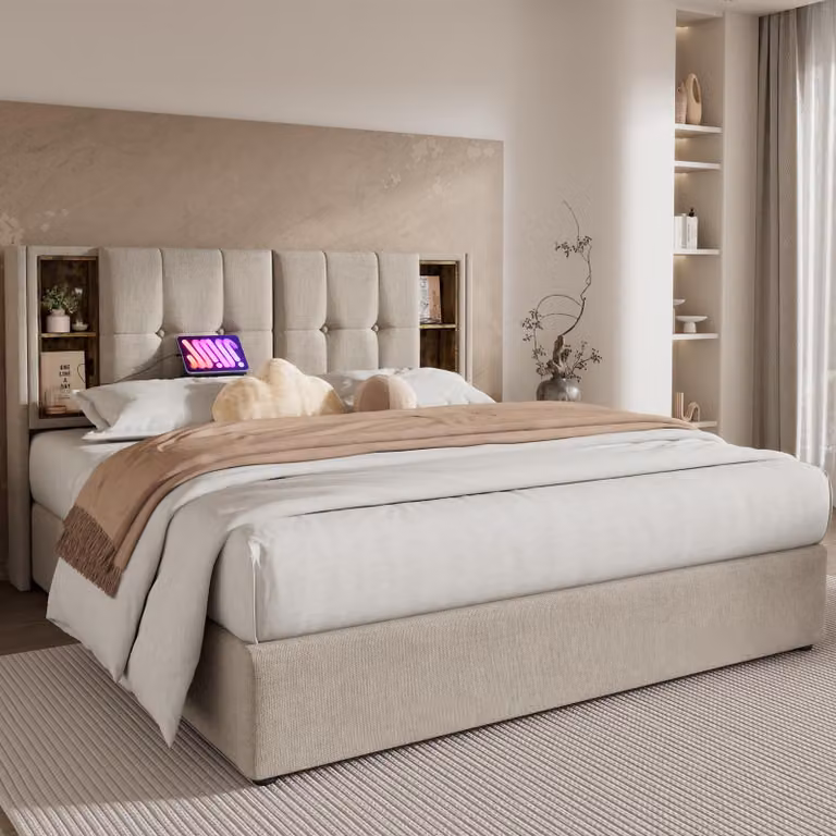 Letto imbottito 160 x 200 cm con spazio contenitore, ricarica wireless, 2 porte USB e una porta di tipo C, rete a doghe in legno e vani portaoggetti, rivestito in lino naturale