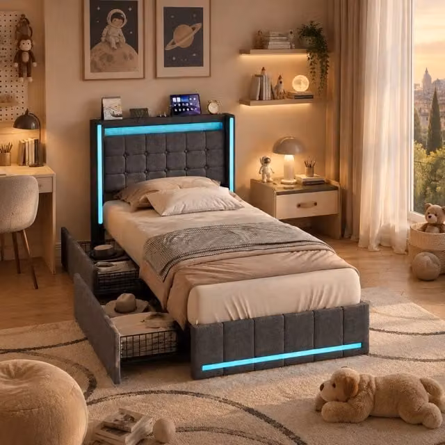 Letto Imbottito 90x200 cm con 2 Cassetti;Letto singolo con LED e USB Letto Baule con Contenitore; Sommier a Doghe;Letto per Adolescenti lino grigio