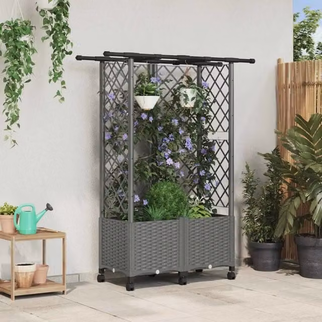 Letto rialzato con griglia e tetto vidaXL in plastica grigio per giardino, balcone o terrazzo, L/P/H: 142 x 124 x 40 cm