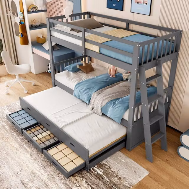 Letto a castello a 3 posti 90 × 200 cm e 90 × 182 cm, letto estraibile, 3 cassetti e sponde, senza materasso