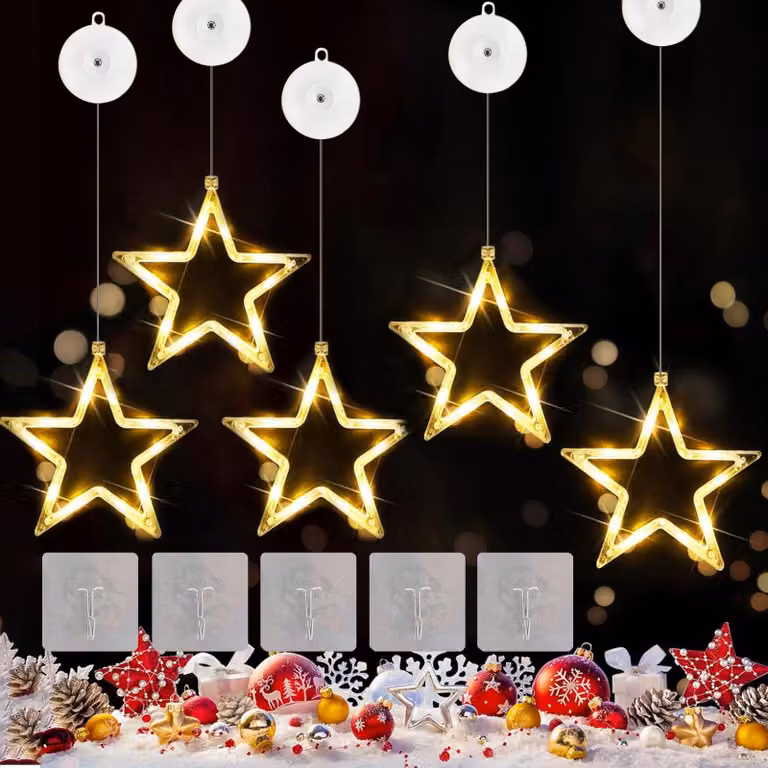 5 luci a LED a forma di stella, decorazioni natalizie per finestre