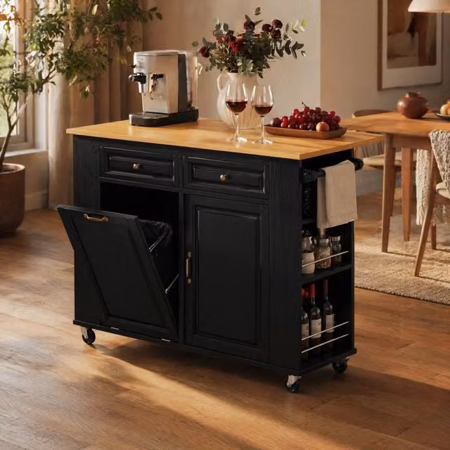 Isola cucina mobile nera 120x40-70x92 cm con prolunga, prese e vano contenitore