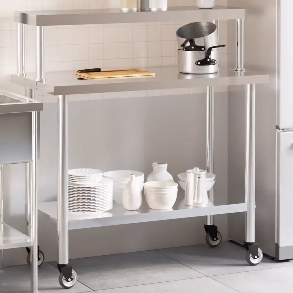Tavolo da lavoro per cucina in acciaio inox color argento L: 110 cm, P: 55 cm, H: 120 cm – 2