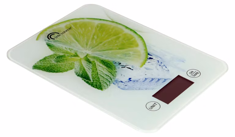 Bilancia da cucina elettronica, capacità 5 kg/1 g, piano in vetro, decorazione a motivo di limoni, design piatto
