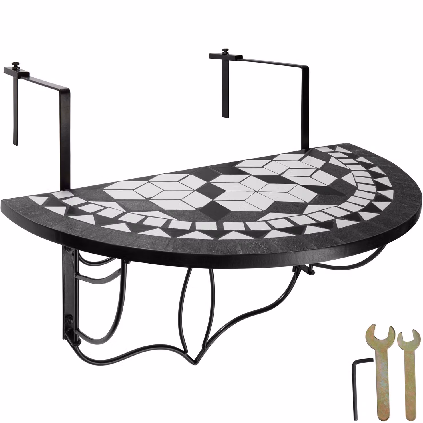 Tavolino da balcone o giardino TecTake con decorazione a mosaico astratto, piano a ribalta e struttura in acciaio verniciato a polvere, L/P/H: 75 x 65 x 62 cm, nero/bianco