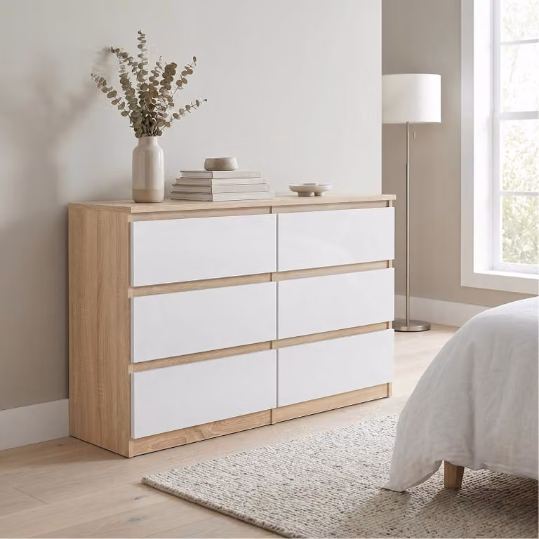 Comodà Masseno NUDO da 120 cm con 6 cassetti e ante, per soggiorno e camera da letto, stile moderno, 120x39x78,5 cm, rovere Sonoma / bianco
