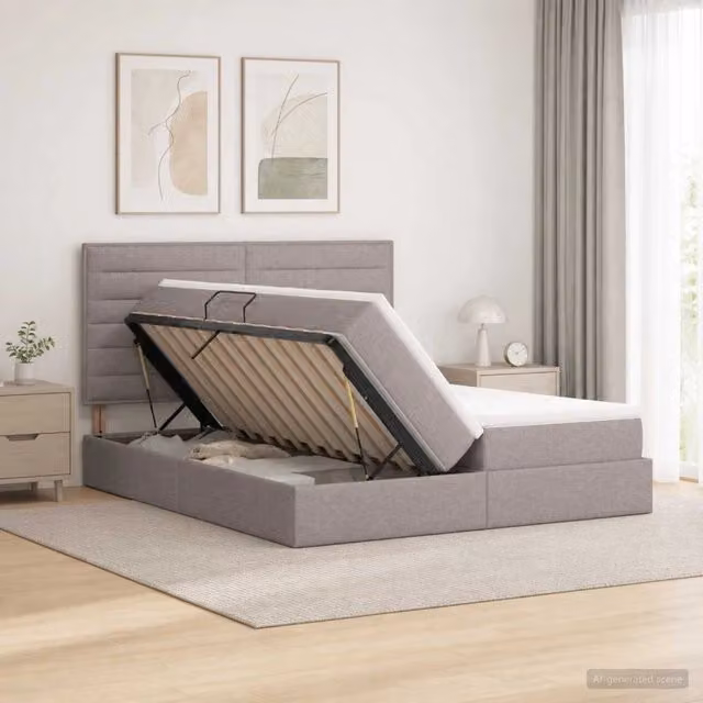 Letto con contenitore e testiera vidaXL in tessuto beige e grigio L: 180 cm, P: 200 cm, H: 140 cm