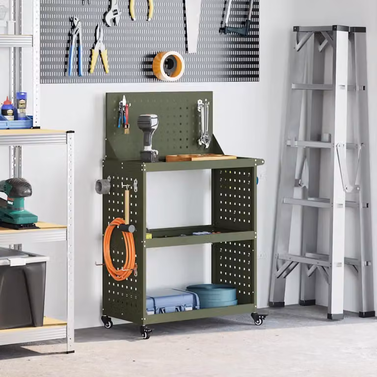 vidaXL Carrello per Attrezzi con Ruote in Acciaio Verde Oliva L: 65 cm, P: 35 cm, H: 111 cm