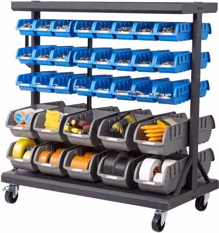 VEVOR Scaffale Portaoggetti con Ruote a 5 Ripiani e 68 Contenitori in Plastica, Carrello Industriale Nero per Garage, Magazzino e Ufficio