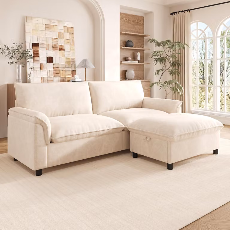 Divano Merax Cloud a 3 posti, divano angolare modulare con funzione letto, pouf contenitore, divano in ciniglia, divano da salotto grande con seduta profonda, divano, beige