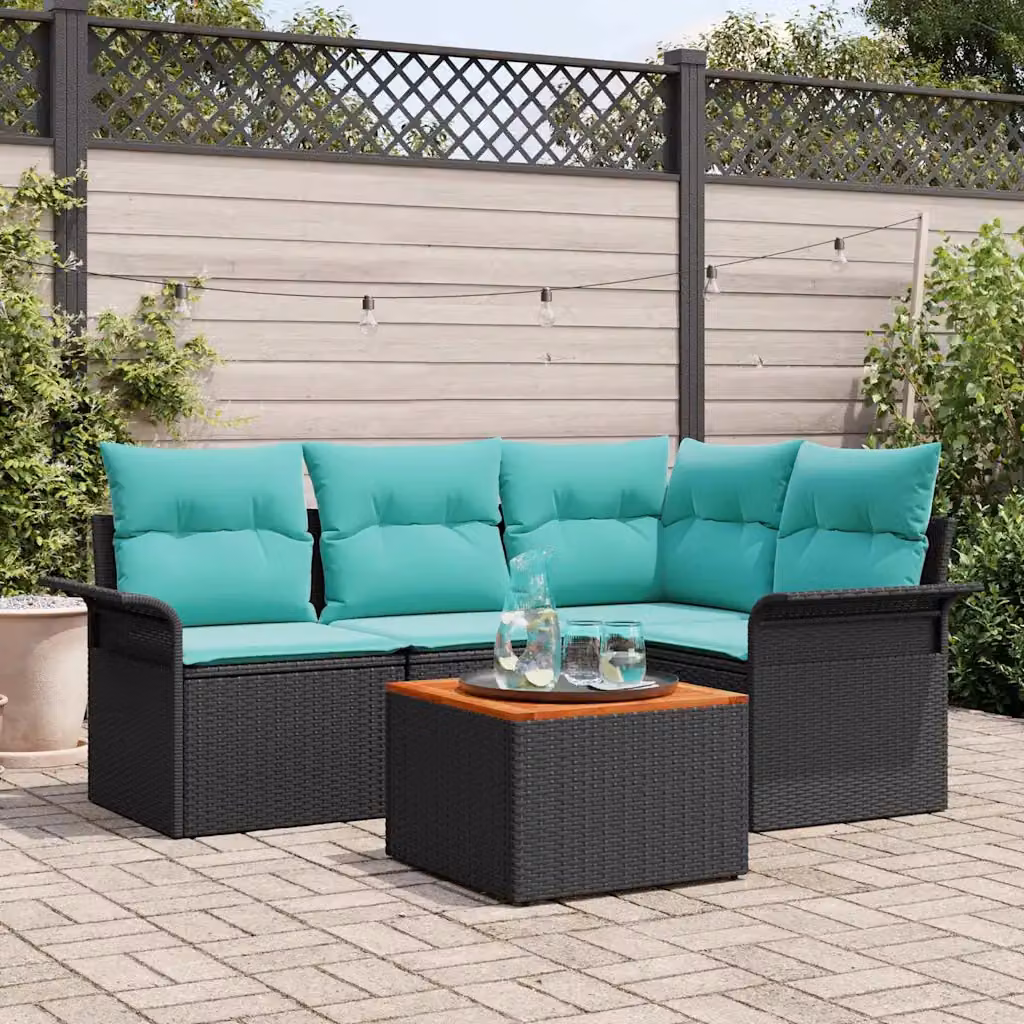 Set Divano da Giardino vidaXL 5 Pezzi a Forma di L con Tavolino Nero e Turchese