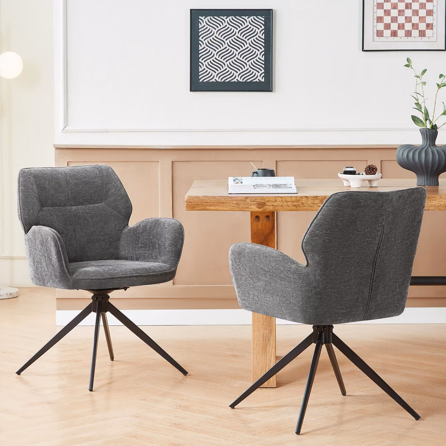 MODFU, set di 2 sedie girevoli, poltrone con gambe in metallo e schienale, adatte per la cucina o il soggiorno, colore grigio scuro