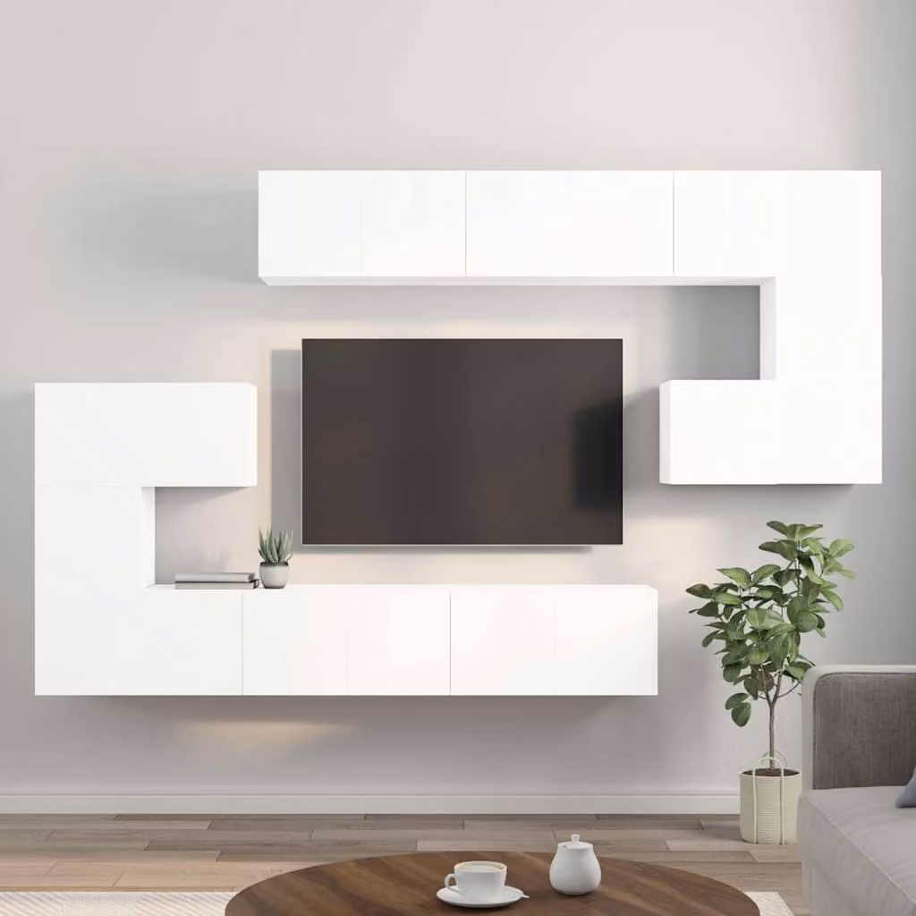 Set di mobili porta TV moderno vidaXL in legno multistrato e MDF, colore bianco lucido, 10 pezzi
