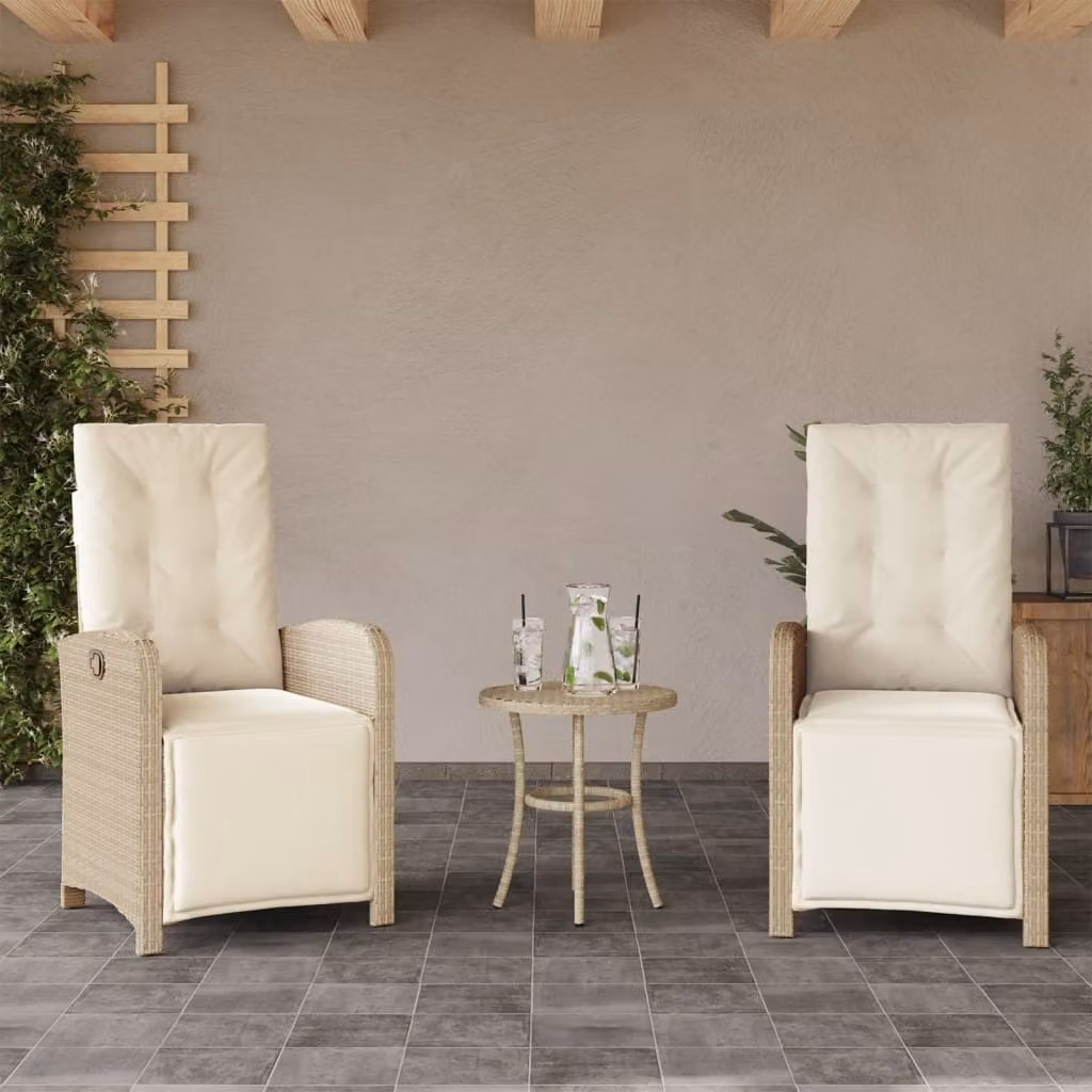 Set di 2 sedie da giardino reclinabili con poggiapiedi vidaXL in polyrattan e metallo, colore beige e bianco