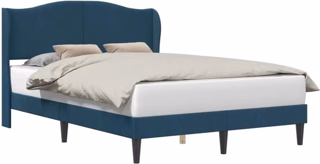 Letto matrimoniale moderno con testiera imbottita in velluto blu, L 140 x P 190 cm