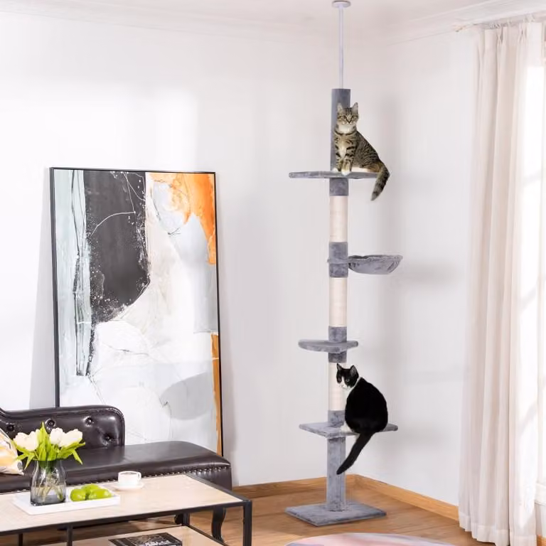 Fortuna Lai Tiragraffi alto fino al soffitto, regolabile in altezza, stabile tiragraffi con colonne in sisal, tiragraffi per gatti, grigio, 40 x 34 x 230-260 cm