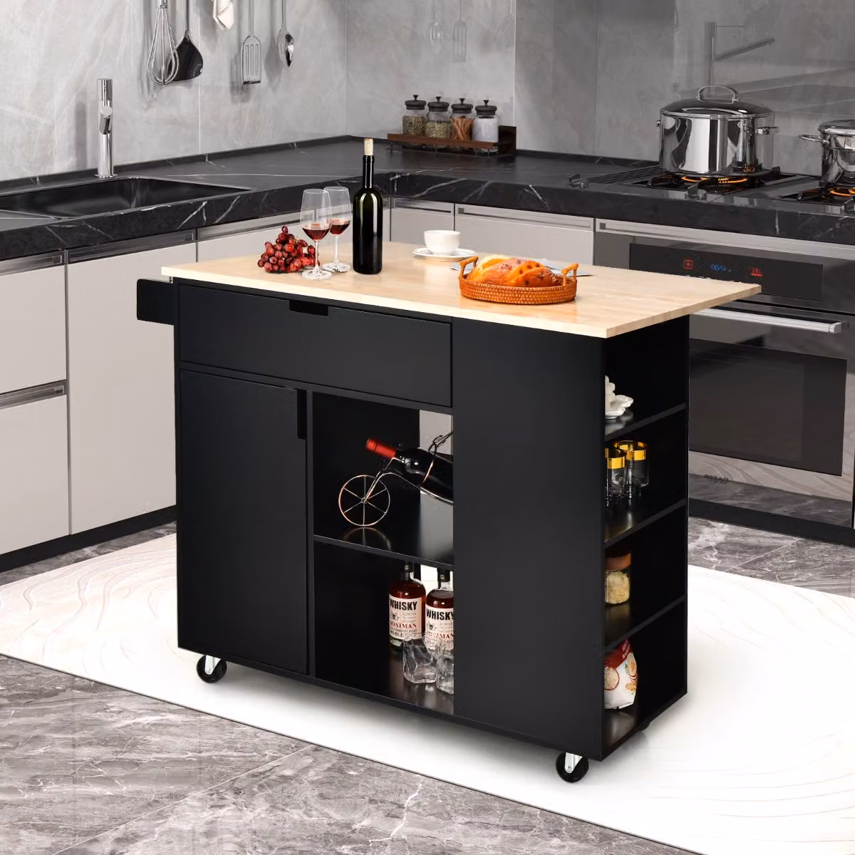 Costway Isola da cucina con piano a foglia a goccia estensibile e ruote bloccabili, Nero, L: 124 cm, P: 76 cm, H: 92 cm – 3