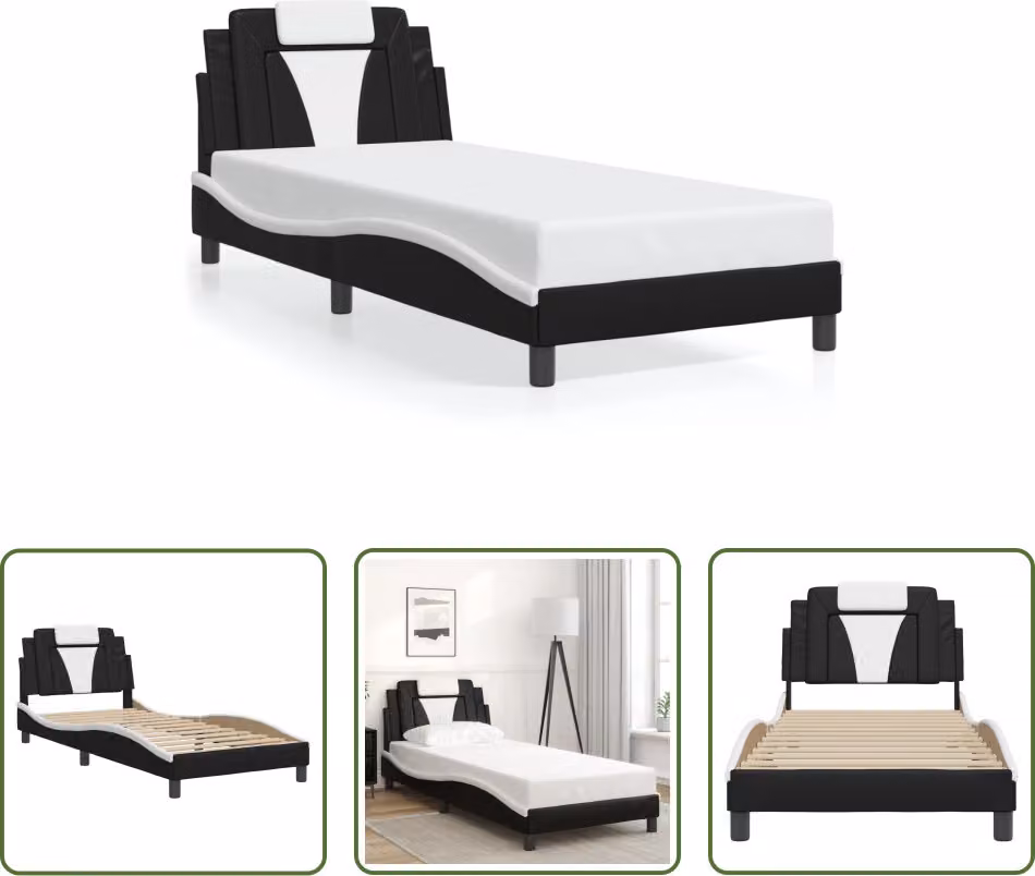 The Living Store Struttura letto con testiera bianca e nera 80x200 cm in ecopelle