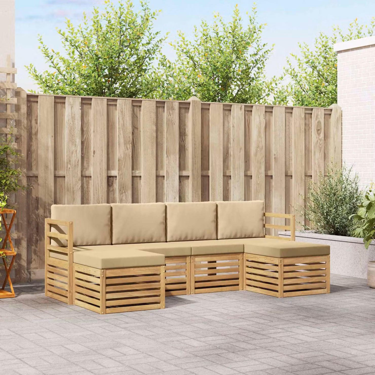 vidaXL Set di divani da esterno a L composto da 6 pezzi in legno di acacia marrone e beige con cuscini inclusi
