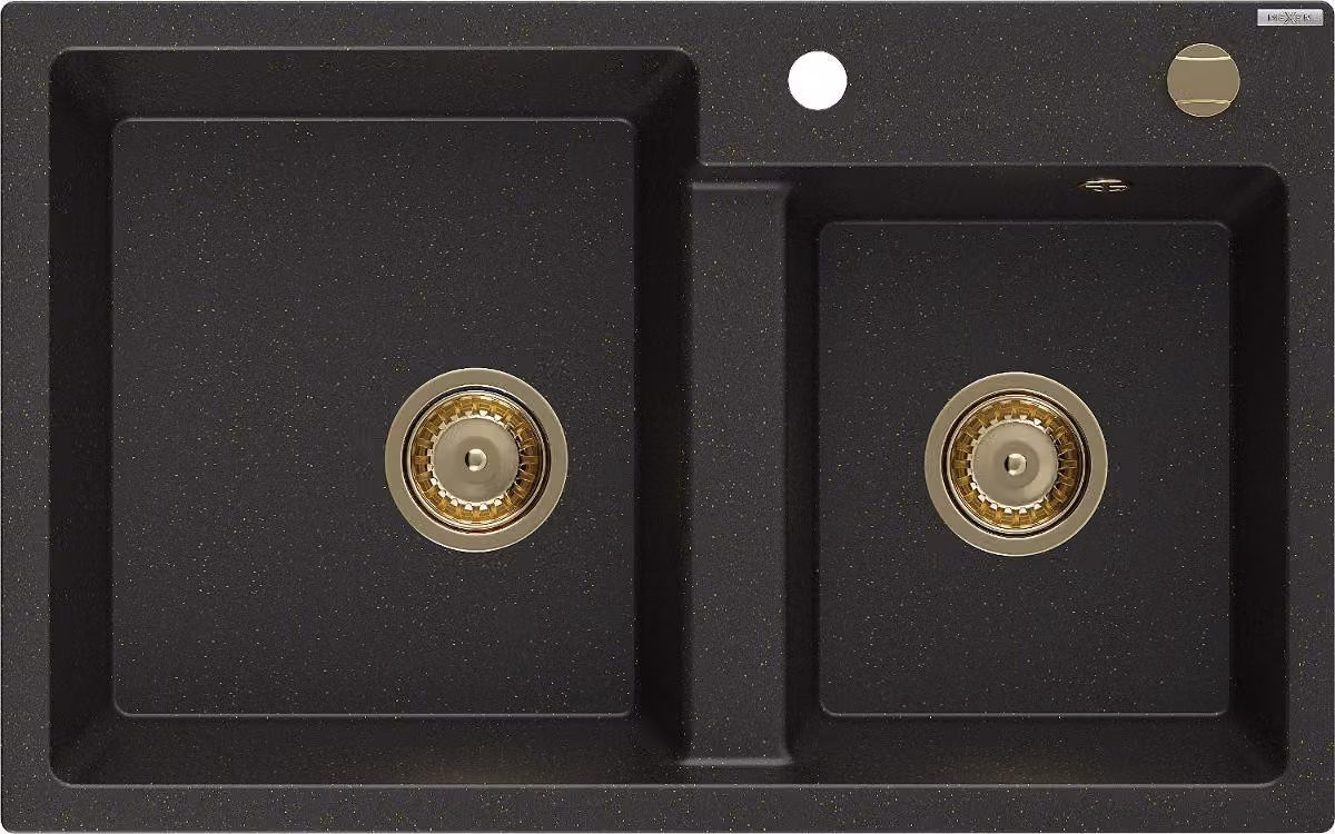 Mexen Tomas lavello da cucina in granito 2 vasche 800 x 500 mm, nero/oro metallico, sifone oro - 6516802000-75-G