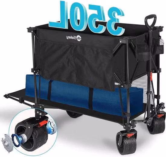 Carrello da trasporto pieghevole 350 L - Ruote larghe - 150 kg - Carrello da spiaggia - 4 direzioni - Nero