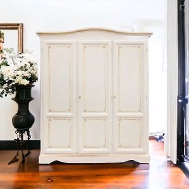 Armadio KIVIO in legno stile shabby chic bianco e arancio con decoro floreale, L: 158 cm, P: 55 cm, H: 197 cm