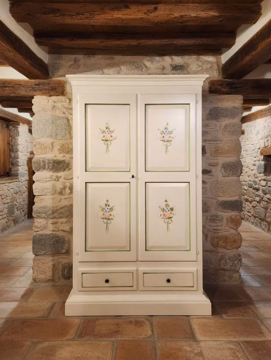 Armadio 2 porte in legno stile shabby chic avorio e verde decorato con motivi floreali Mobili 2G L/P/H: 125 x 61 x 200 cm – 2