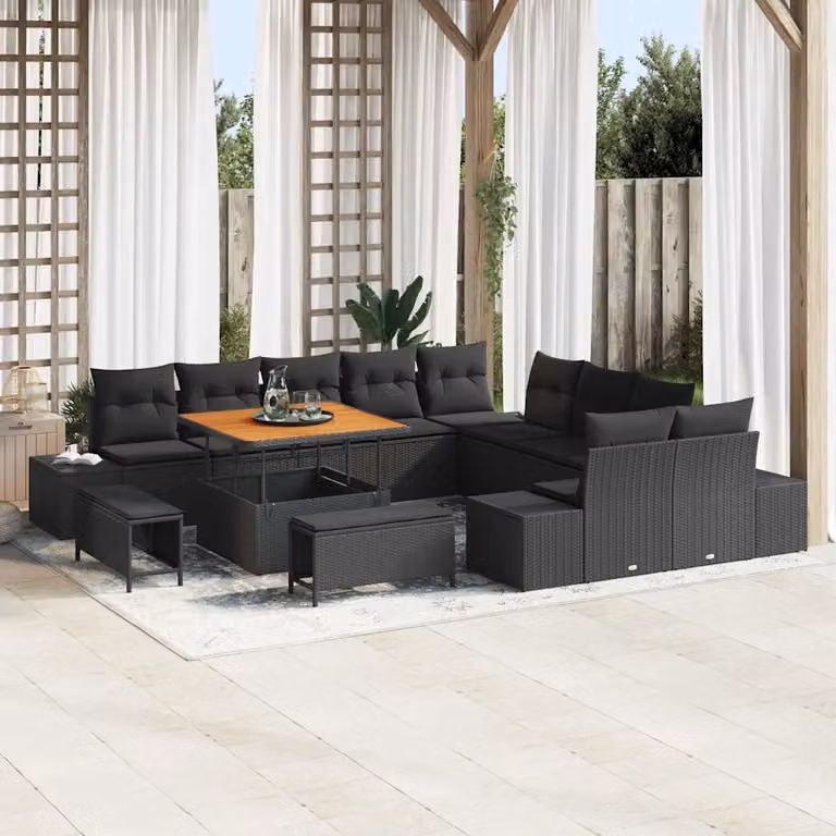 vidaXL Set Divano da Giardino Moderno a Forma di U con 13 Pezzi, Nero, con Cuscini e Tavolino da Esterno