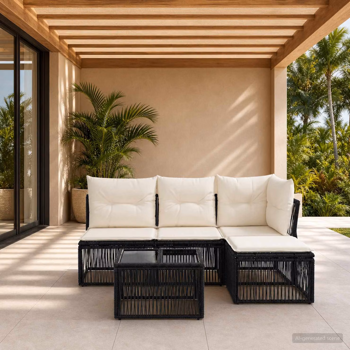 Set Divano da Giardino vidaXL 5 Pezzi Moderno a Forma di L con Cuscini, Tavolino e Pouf, Colore Nero e Bianco