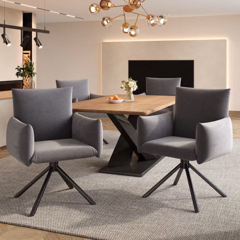 Sedie da pranzo Flieks (4 pezzi), poltrona girevole a 360°, sedia imbottita in velluto, sedia da pranzo con 4 gambe in metallo, materiale traspirante, grigio