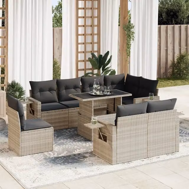 Set Divano da Giardino vidaXL 9pz in Polyrattan Grigio con Cuscini e Tavolino