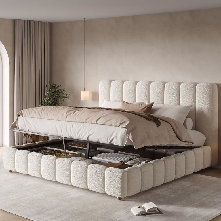 Letto imbottito 160x200 cm con contenitore a sollevamento idraulico, rete a doghe e testiera imbottita, rivestito in tessuto bouclé, gambe in legno massello, colore bianco