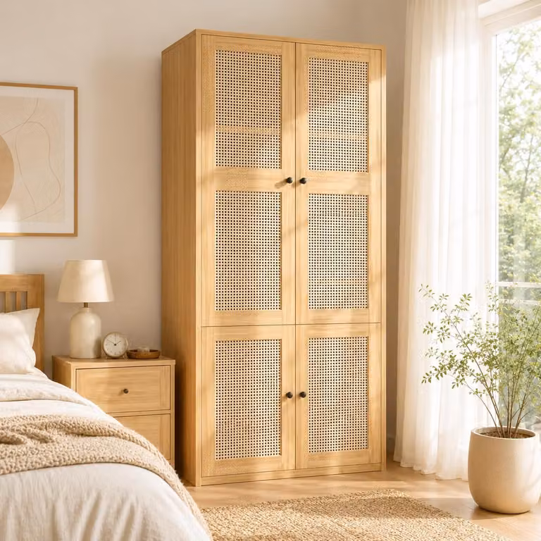 Armadio in rattan, pensile con appendiabiti e cassetti, mobile alto con vani portaoggetti, dimensioni 90 x 47 x 200 cm, colore naturale, materiale: MDF