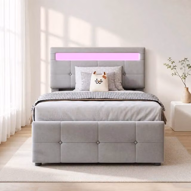 Letto singolo imbottito 90 × 200 cm con vano contenitore idraulico LED testiera regolabile velluto grigio