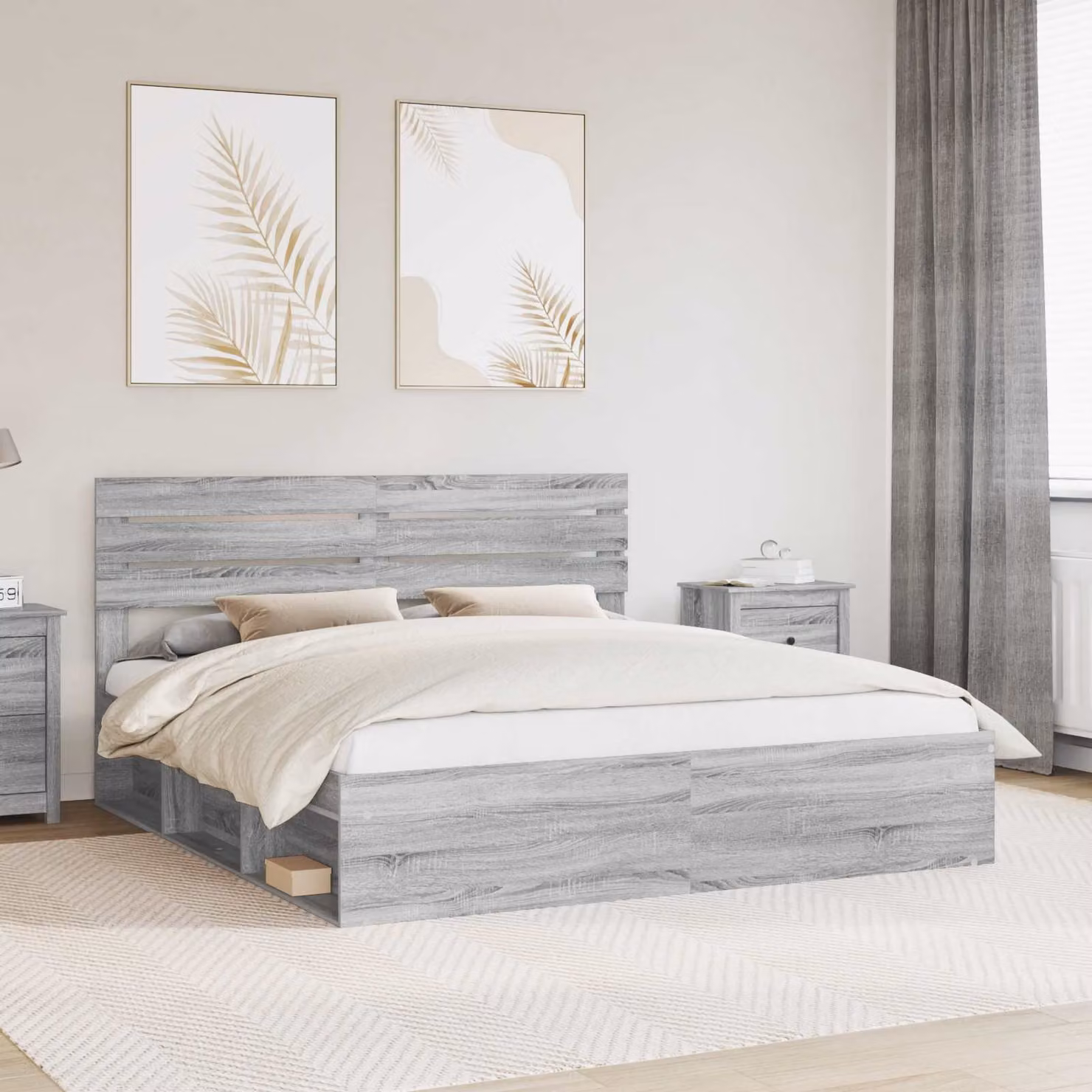 Struttura del letto moderna vidaXL in pino massello e MDF, colore Grigio, L/P/H: 200 x 200 x 206 cm