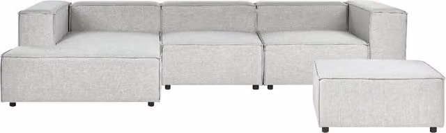 Divano angolare modulare Beliani a sinistra in tessuto grigio con ottomana coordinata e struttura in legno massiccio L/P/H: 326 x 180 x 78 cm