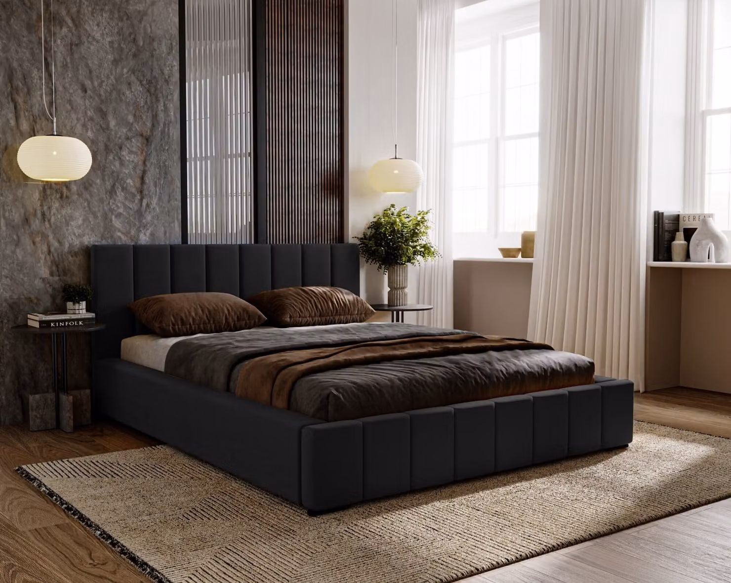 Letto imbottito Nero con materasso in schiuma SELEKT incluso, 160x200 cm, letto matrimoniale con contenitore e rete a doghe in legno, tessuto in velluto: nero