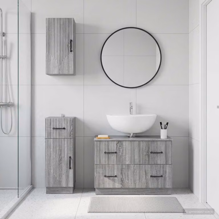 Set di 3 armadietti da bagno vidaXL HOORN in legno grigio con mobile lavabo e pensili a muro