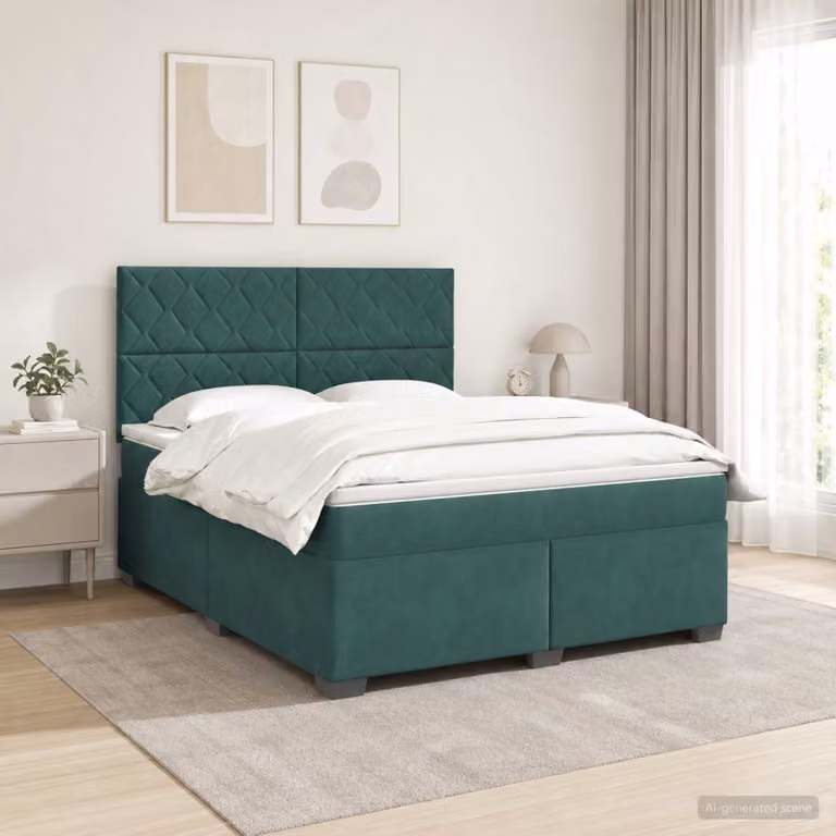 Letto box spring con materasso vidaXL in velluto verde scuro e bianco, L/P: 160 x 200 cm