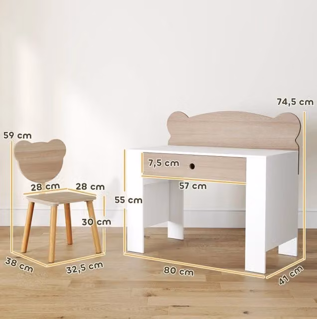 Scrivania per bambini ULEVR con sedia e cassetto, 80x41x74,5 cm, legno naturale