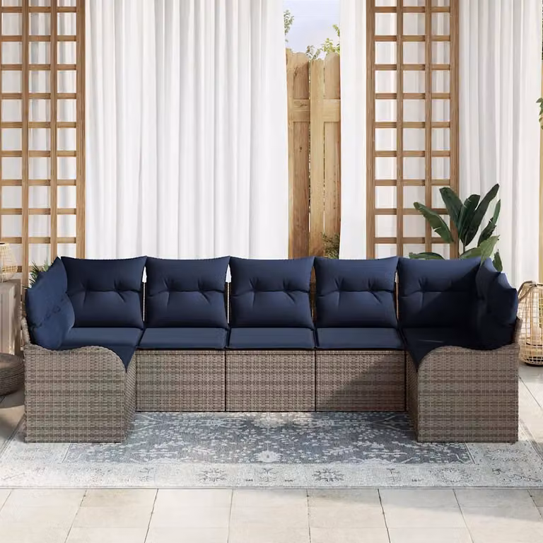 Set Divano da Giardino a L vidaXL Grigio e Blu con Cuscini Imbottiti e Struttura in Metallo e Polyrattan