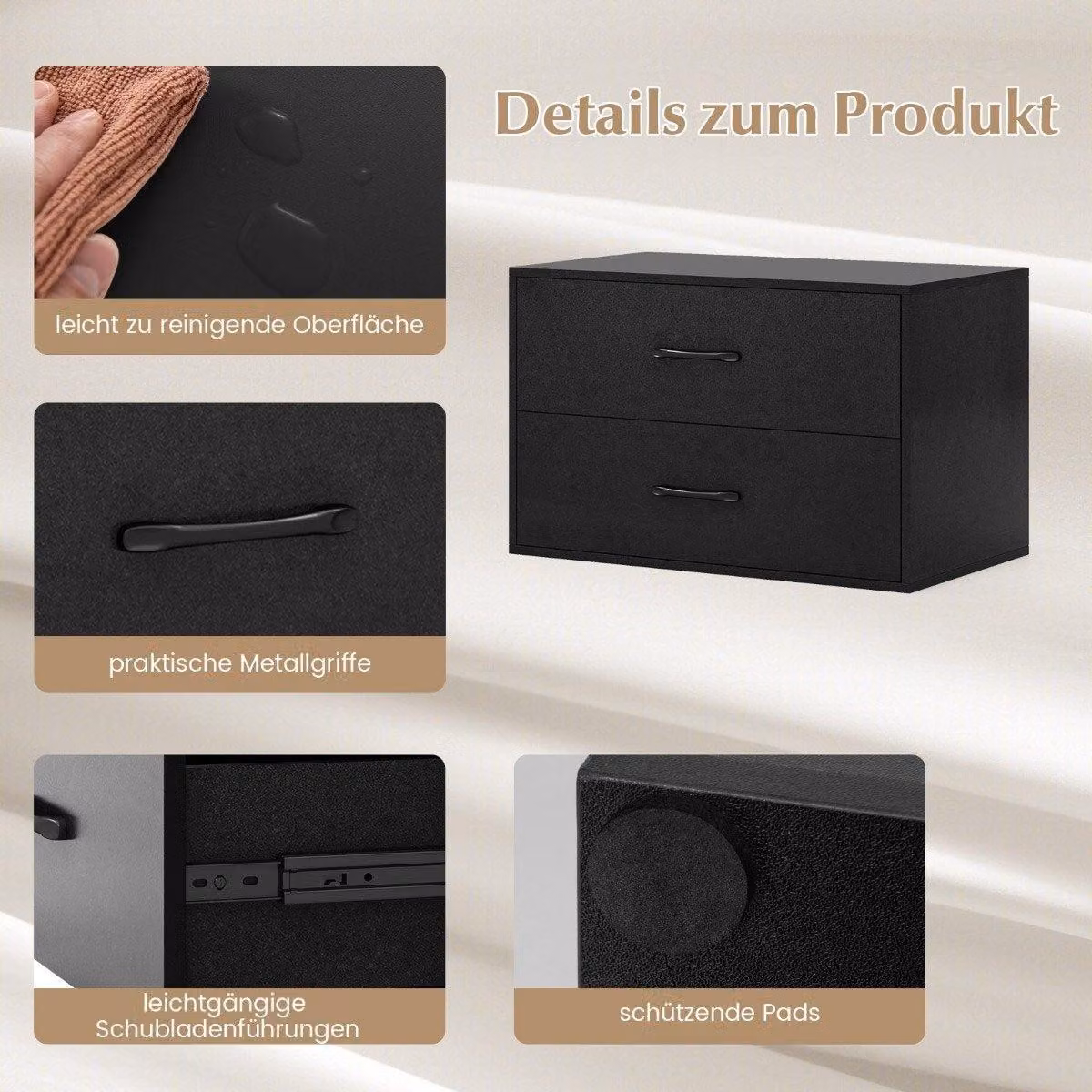 Cassettiera con 2 cassetti, cassettiera, impilabile, credenza in legno, 60 x 34 x 38 cm, nero