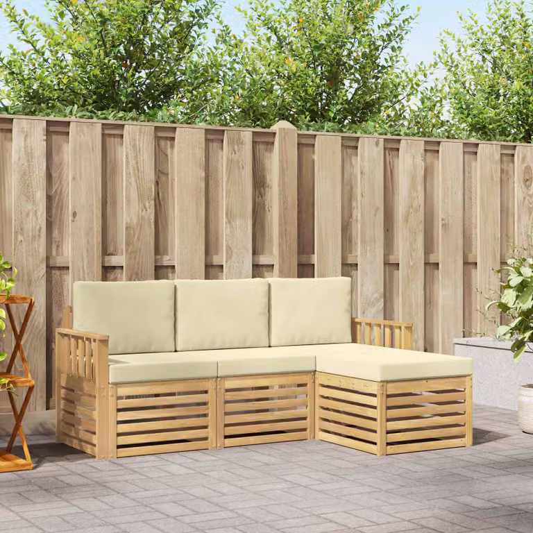 Set di divani da esterno vidaXL a forma di L composto da 4 pezzi in legno di acacia con cuscini bianchi e beige