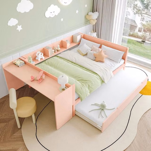 Letto-Xylo-140x200 cm-con scrivania, rotelle, scaffali, pino, rosa